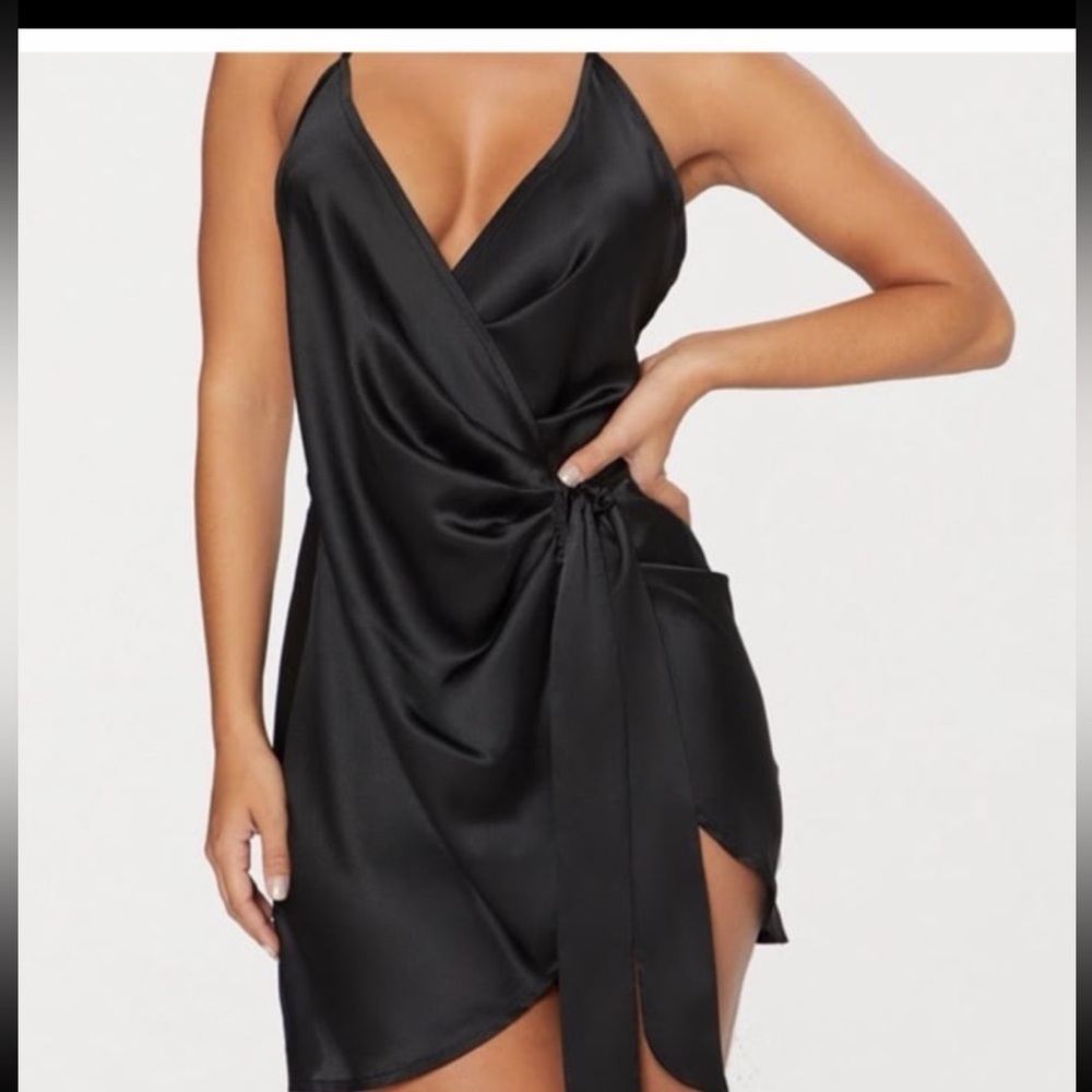 PrettyLittleThing Black Satin Halterneck Wrap Bodycon Dress
